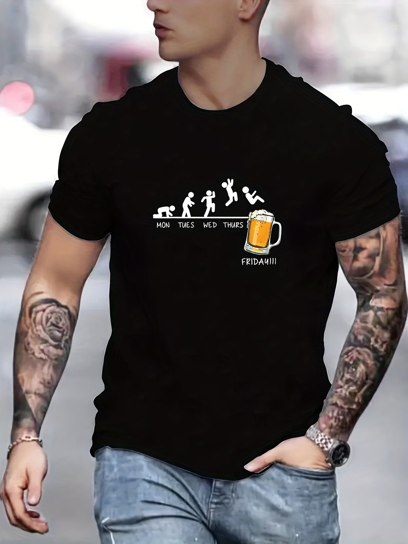 Jumping In Beer Printed T-shirt, Summer Men's Casual Street Style Elastic Round Neck T-shirt