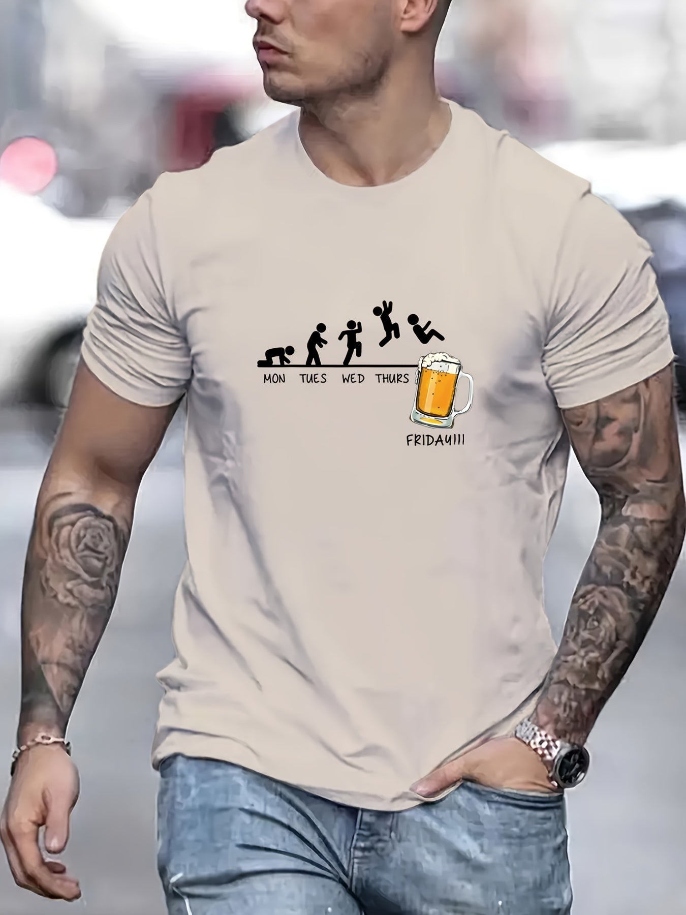 Jumping In Beer Printed T-shirt, Summer Men's Casual Street Style Elastic Round Neck T-shirt