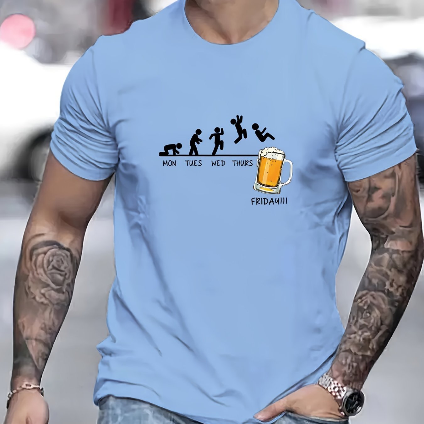 Jumping In Beer Printed T-shirt, Summer Men's Casual Street Style Elastic Round Neck T-shirt