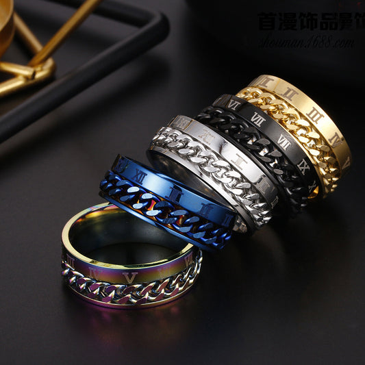 Roman Letter Chain Rings Men Digital Titanium Steel Ring