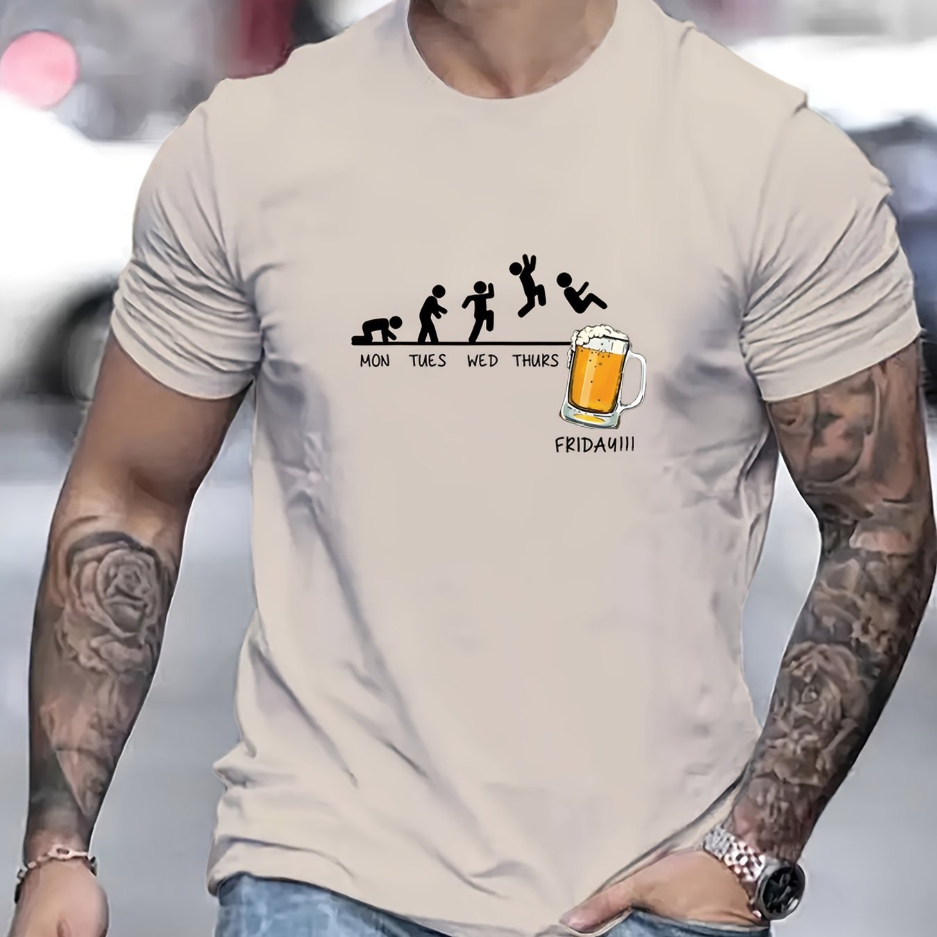 Jumping In Beer Printed T-shirt, Summer Men's Casual Street Style Elastic Round Neck T-shirt