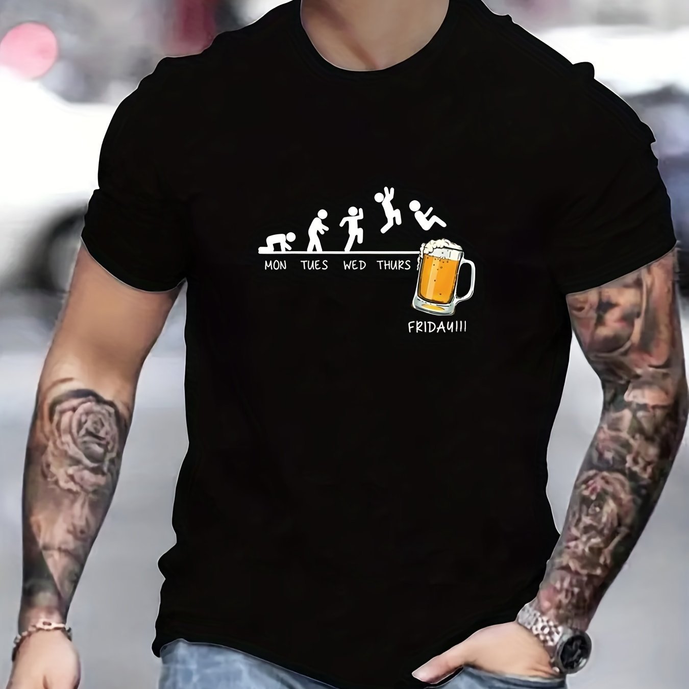 Jumping In Beer Printed T-shirt, Summer Men's Casual Street Style Elastic Round Neck T-shirt