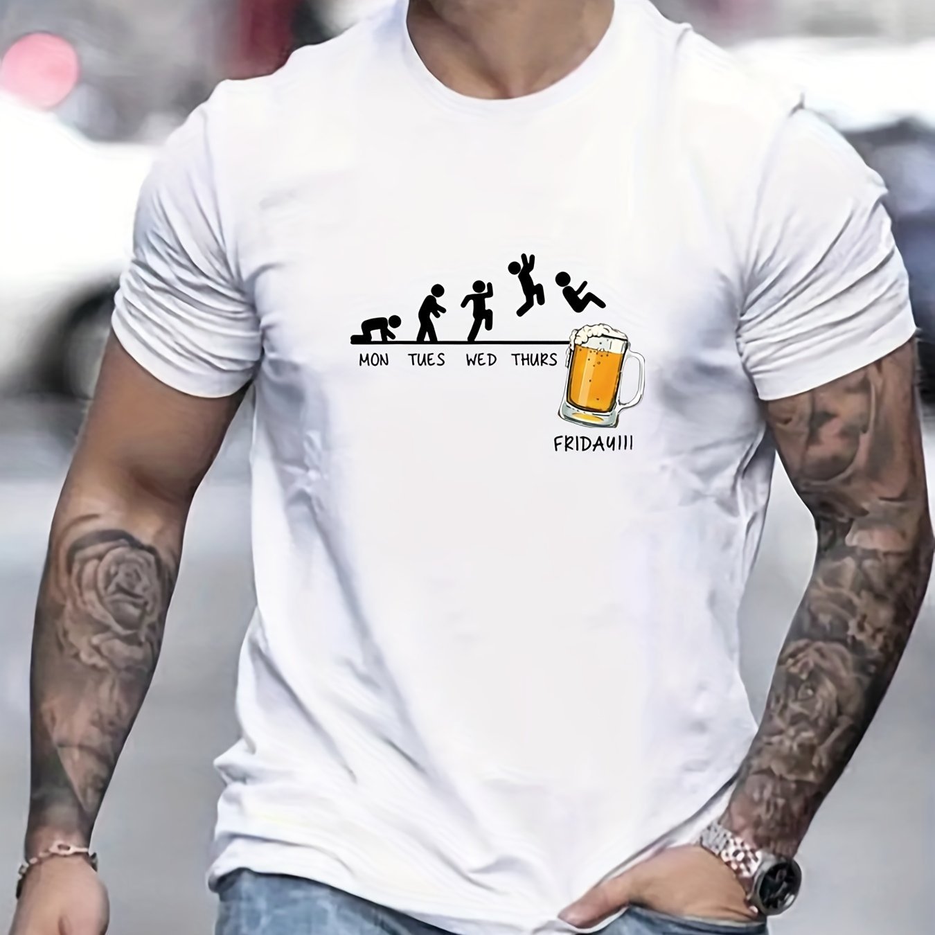 Jumping In Beer Printed T-shirt, Summer Men's Casual Street Style Elastic Round Neck T-shirt