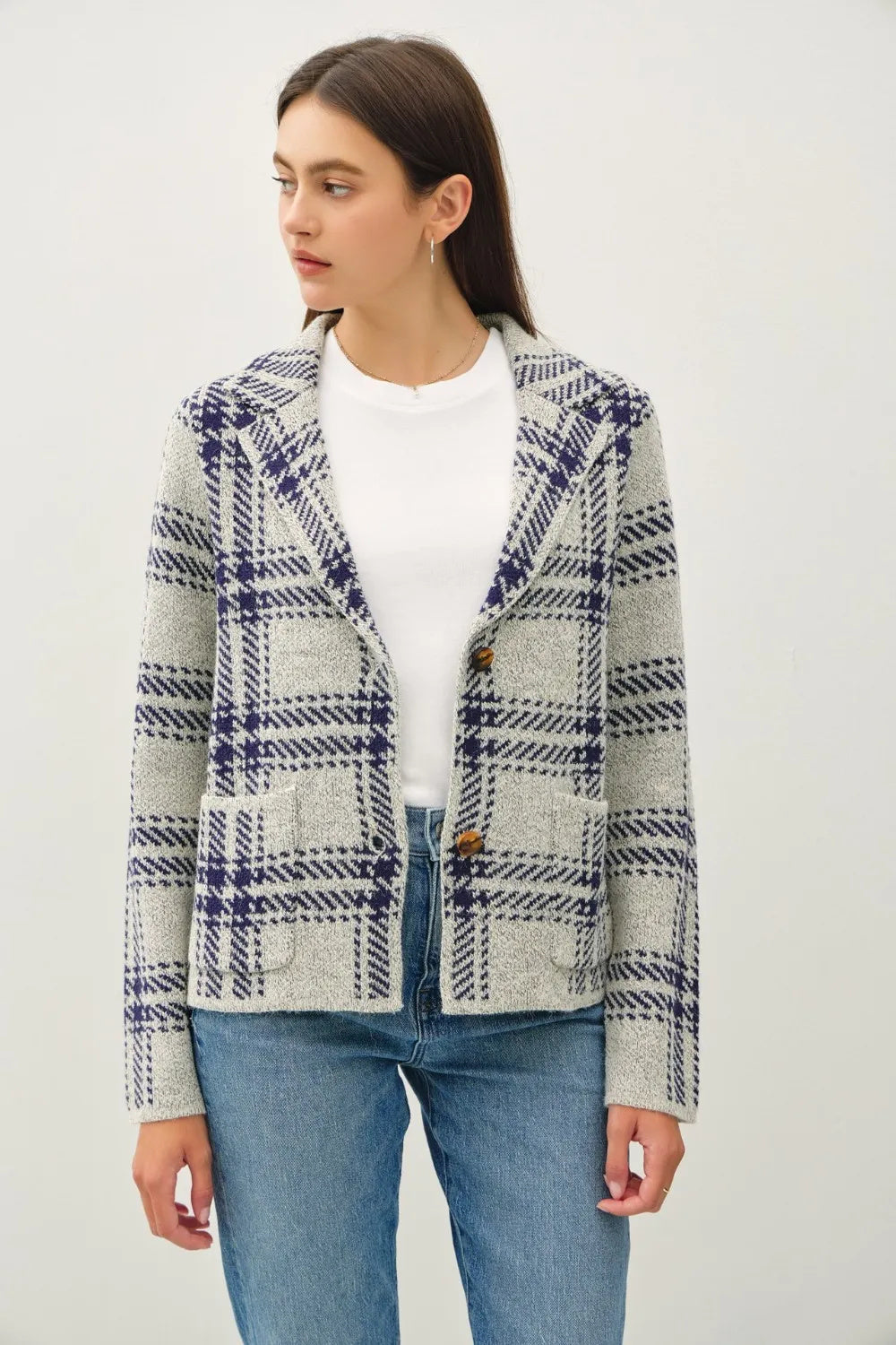 Be Cool Plaid Long Sleeve Sweater Jacket With Front Patch Pockets