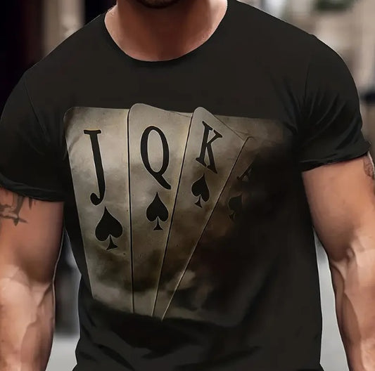 Fashionable Card Printed T-shirt For Men, Casual And Comfortable Round Neck