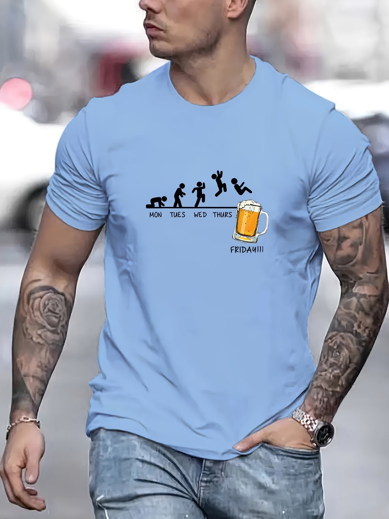 Jumping In Beer Printed T-shirt, Summer Men's Casual Street Style Elastic Round Neck T-shirt